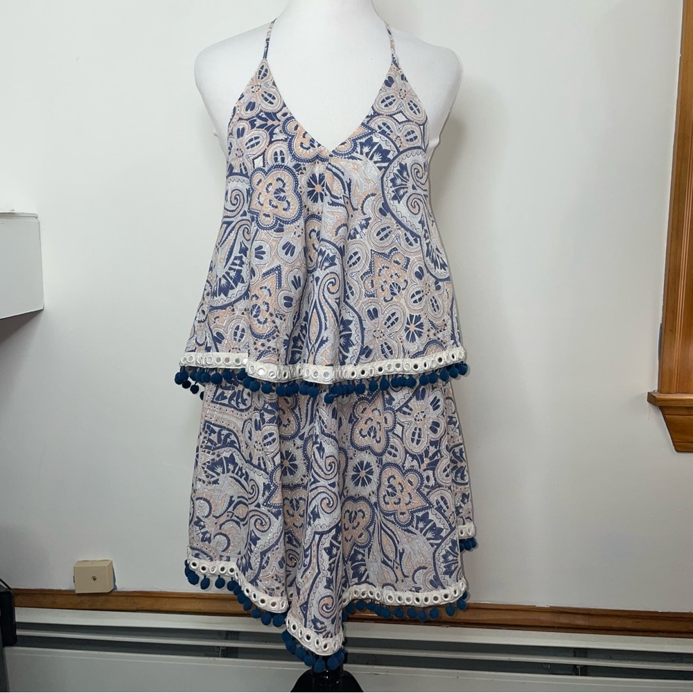 Tularosa Evolette Blue & White Paisley Pom-Pom Metallic Thread Mini Dress Size M - Picture 3 of 16